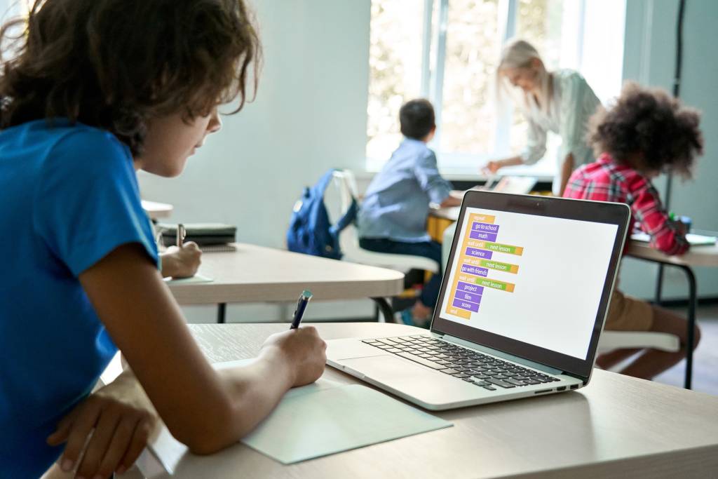 Teen boy school student using laptop learning program during class in classroom.