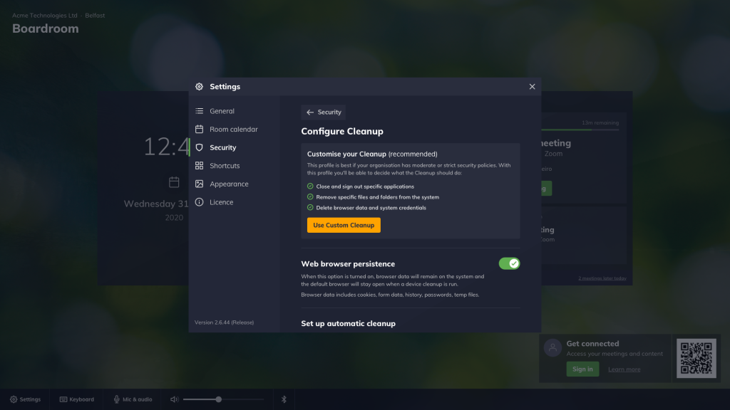 Choose customise your cleanup option to apply customised security settings within Launcher.