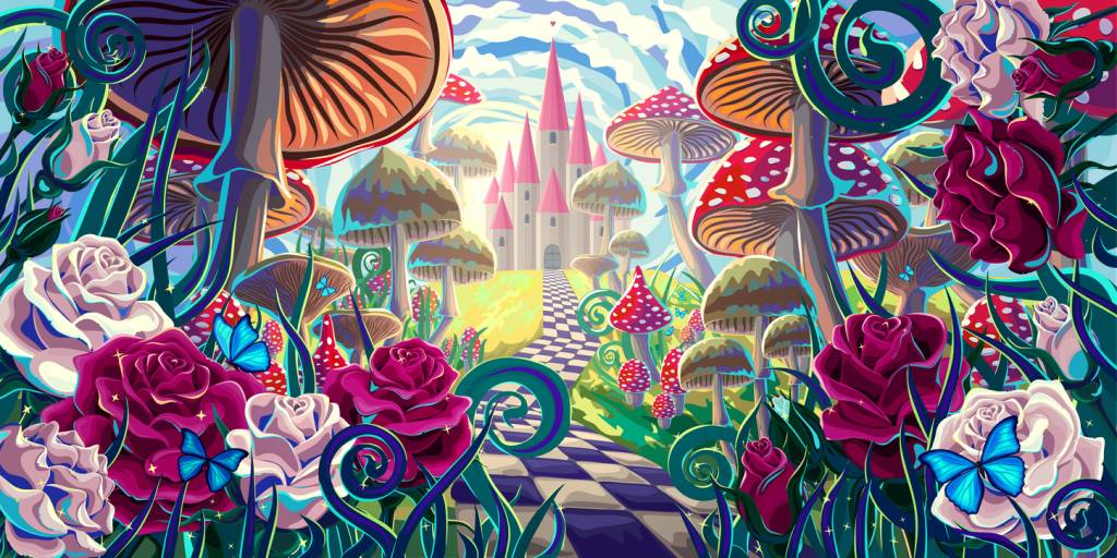 A digital illustration of fantastic landscape with mushrooms, beautiful old castle, red and white roses and butterflies.