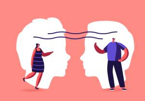 Cartoon Vector Illustration which shows Male and Female Characters Chatting. Empathy, Open Mind, Emotional Intelligence Concept. Communication Skills, Reasoning, Persuasion, People Listen and Support Each Other.