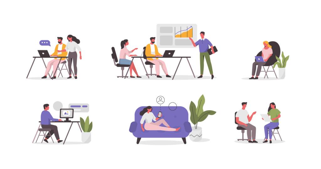 Business People Characters in Coworking Place. Businessman and Businesswoman Working, Discussing and Meeting in Open Space Office. Coworkers and Freelancers Team. Flat Cartoon Vector Illustration.