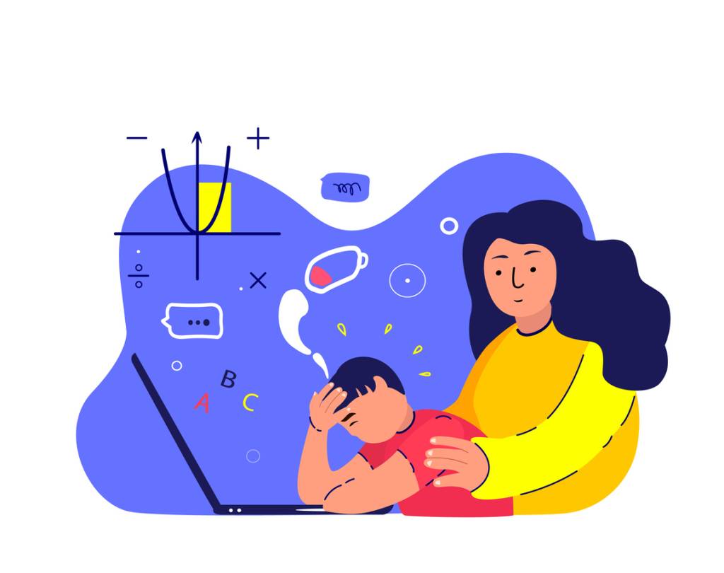 Tired Busy Exhausted Pupil Boy Study Online School in Laptop.Mother Support,Maintain Son.Depressed Teenager.Mom Protect Teen Child Student,Schoolboy.No energy.Fatigue,Weakness.Flat Vector Illustration. Math anxiety.