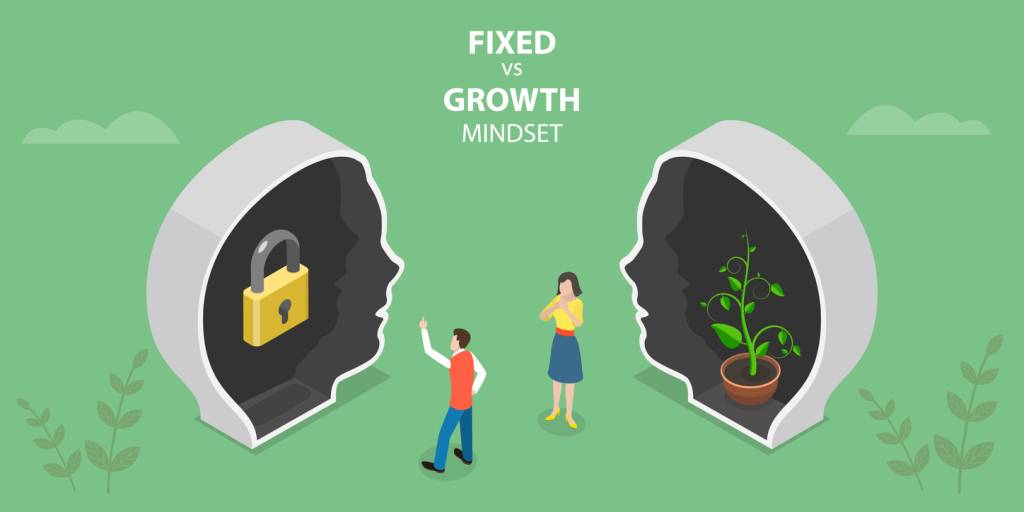 A man pointing at the representation of a fixed minset with a lock symbol. A woman standing beside the representation of a growth mindset with a growing plant inside.