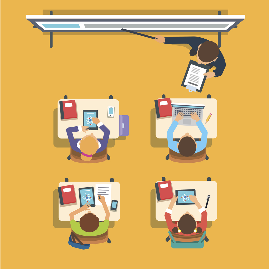 Teacher standing and pointing at the modern interactive whiteboard teaching in front of the children sitting at the desks in classroom. Flat vector isolated illustration.