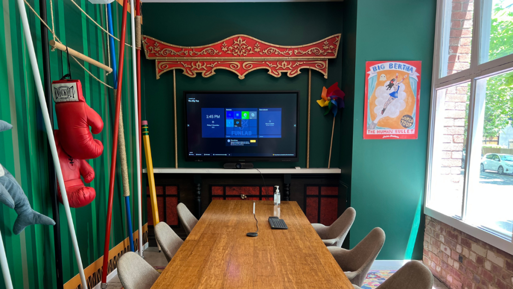 Meeting space at Funlab, head office in Melbourne featuring DisplayNote Launcher on meeting room screen.