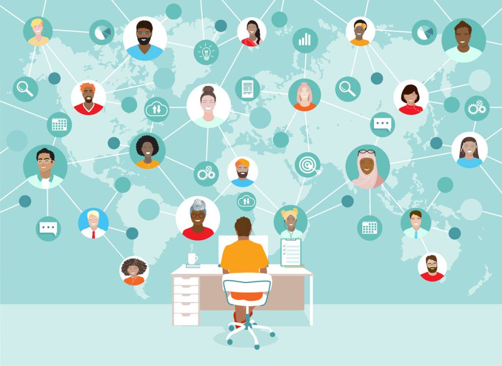 Corporate team working remotely online on project. Manager, diverse employees working together, international network, virtual office at map, freelancers group. Business communication vector banner