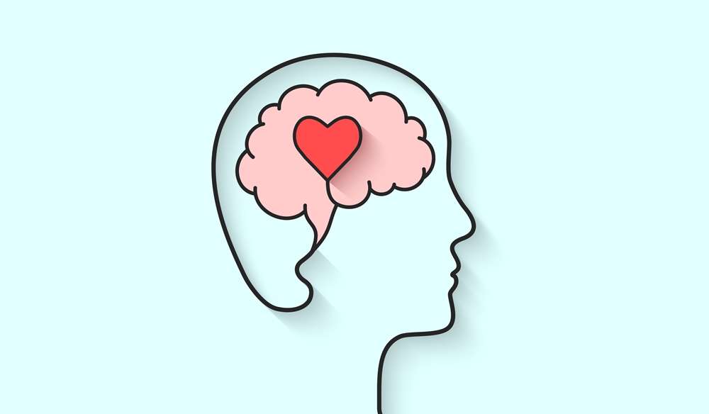 An outline of a person's head, showing their brain with a heart inside to promote mental health