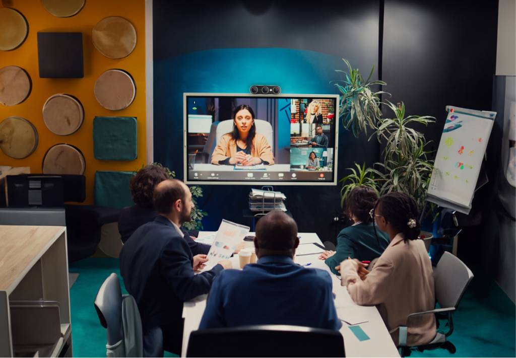 Omni being used in a hybrid meeting to connect to the room equipment
