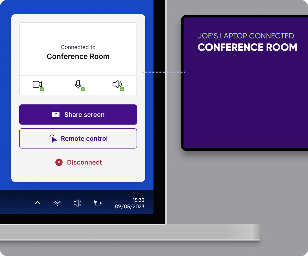 Connect to your meeting room device and use the camera, mic, and speakers