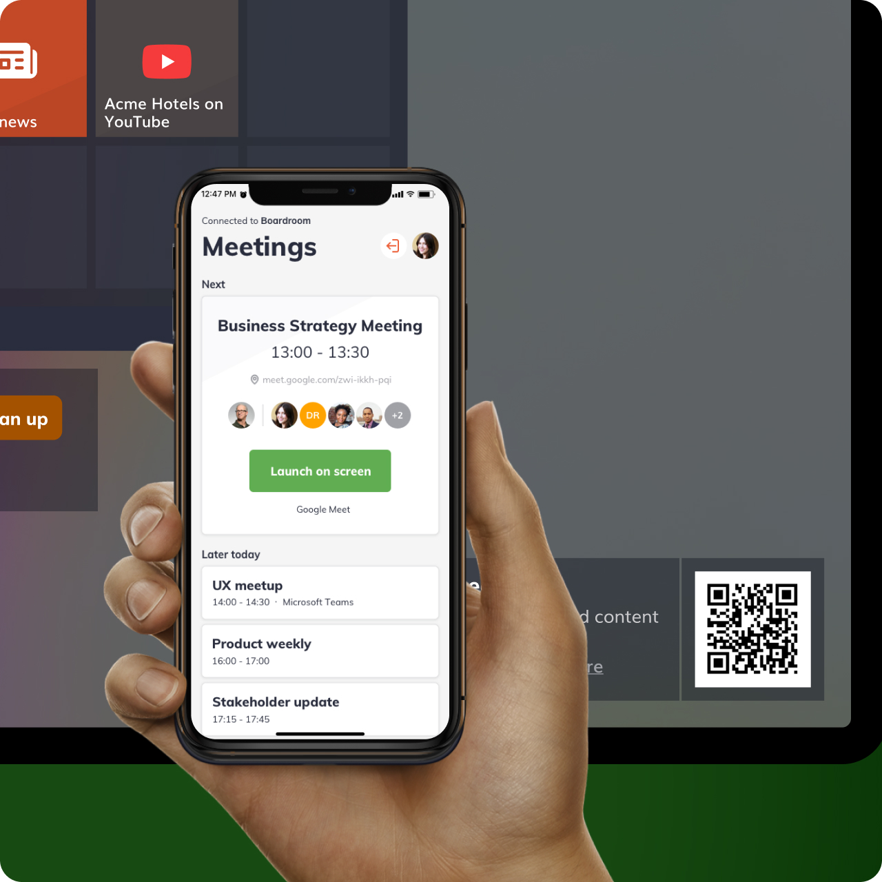 Let corporate guests in your hotel conference rooms run their own meetings. They can connect their devices, access content, or start video calls without IT help or signing into shared systems.